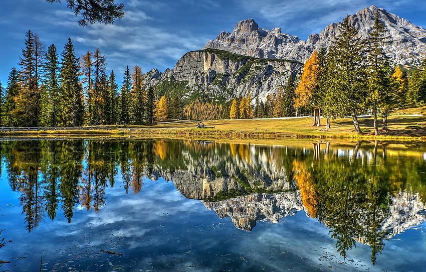 autumn, trees, mountains, lake, reflection, Italy, lake sorapis dolomites mountains HD wallpaper