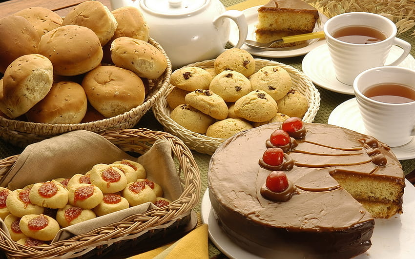 : เค้ก, อาหารเช้า, ช็อคโกแลต, การอบ, เชอร์รี่, เบเกอรี่, มื้ออาหาร, พ่อครัว, ความหวาน, จาน, รส, ขนมอบ, โต๊ะหวาน 1920x1200 วอลล์เปเปอร์ HD