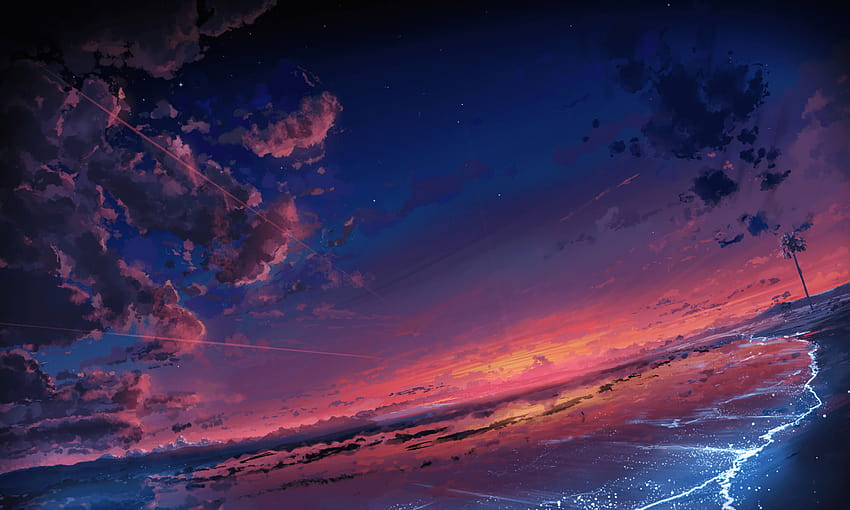 Anime Original Sky Cloud Scenic Beach Sunset in anime keren sunset ungu Wallpaper HD