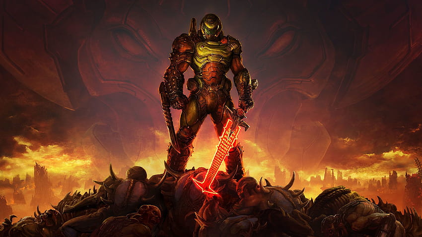 Wie Doom Eternal perfekt eine Fortsetzung, Doom Slayer-Symbol, einrichtet HD-Hintergrundbild