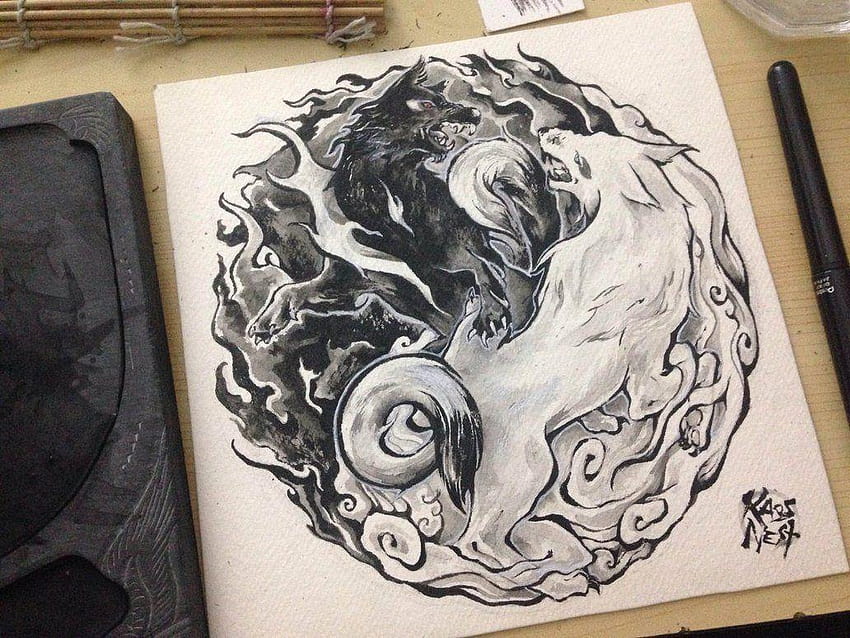 Yin/Yang wolves tattoo design by Kaos, yin yang wolf HD wallpaper