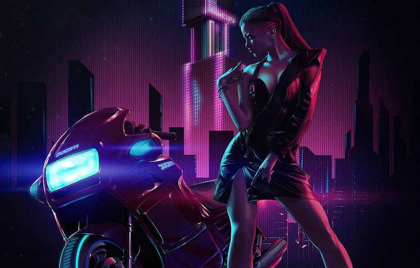 Girl, Night, Music, Neon, Style, Girl, Motorcycle, neon effect girl anime HD wallpaper