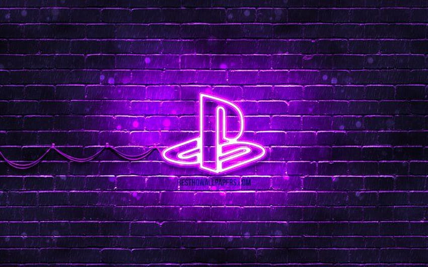 Logo violet PlayStation, brickwall violet, logo PlayStation, marques, logo néon PlayStation, PlayStation . Fond d'écran HD