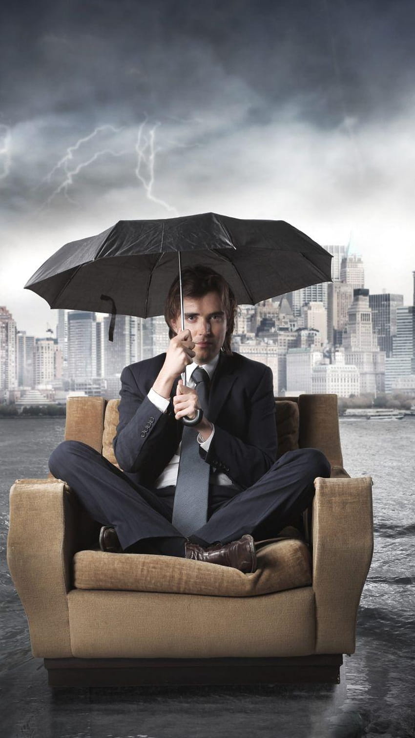 750x1334 Businessman, Chair, Flood, Umbrella HD phone wallpaper
