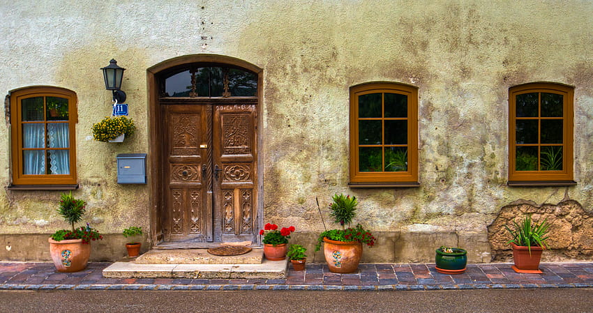 : porta, velho, flores, casa, flor, janela, fachada, decoração, potes, R, windows, 3px, waith, br ckm hl 4185x2212 papel de parede HD