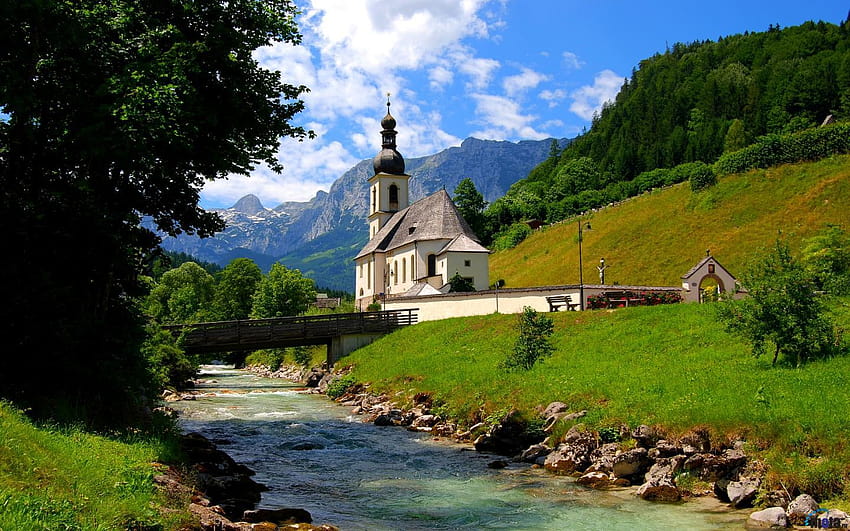 Ramsau bei Berchtesgaden, church alps HD wallpaper