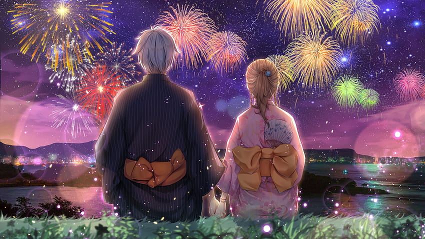 Kimono de fuegos artificiales de pareja de anime, fuegos artificiales de anime fondo de pantalla