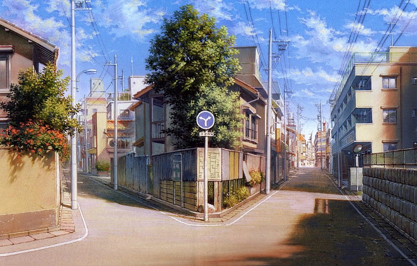 summer, trees, the city, sign, street, posts, wire, the fence, home, Japan, art, fork, the Girl who Leapt through Time, Nidzo Ymamoto, The girl who conquered time , section HD wallpaper