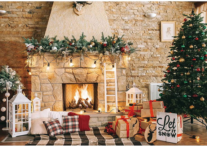 Haboke 10x8ft Soft Durable Fabric Christmas Fireplace Theme Backdrop for graphy Christmas Tree Gift Decorations for Xmas Party Supplies Backgrounds Banner Studio Decor Booth Props : Home & Kitchen, christmas fireplace scenes HD wallpaper