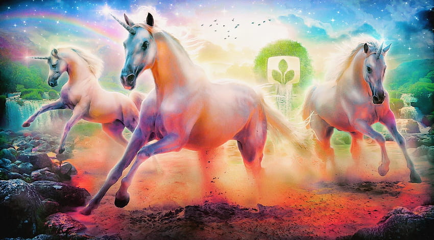 Three white horses illustration, unicorn , rainbow, emblem, tree • For You For & Mobile, rainbow horse HD wallpaper