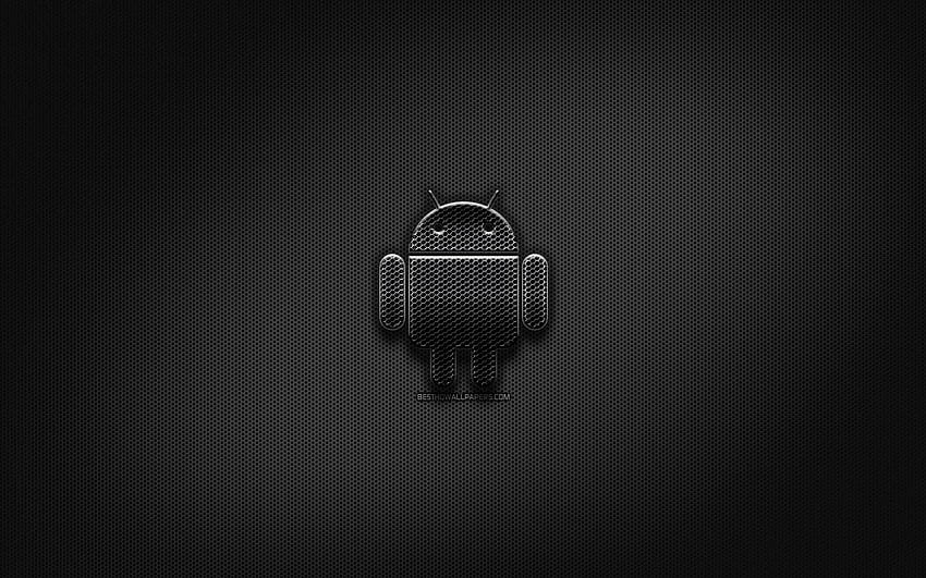 Android black logo, creative, metal grid, black logo android HD wallpaper