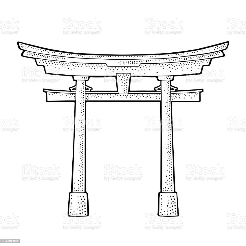 Tradicional, japonés, torii, puerta, en, japón, vendimia, negro, vector, grabado Colección de ilustraciones fondo de pantalla del teléfono