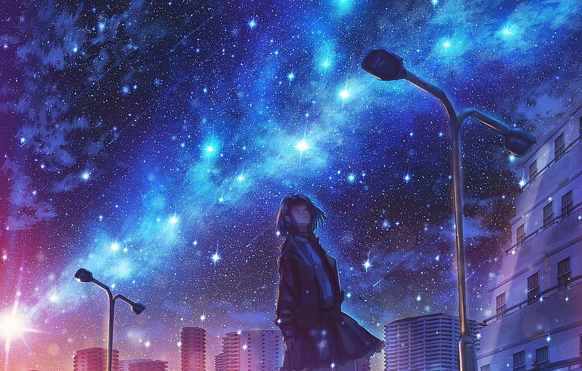 girl, night, the city, the milky way, milky way anime HD wallpaper