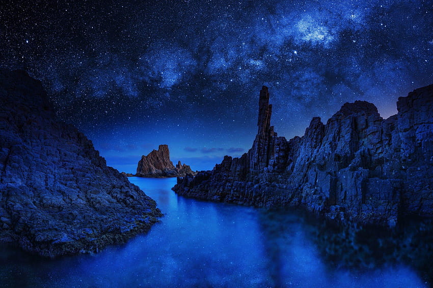 River ocean sea stars sky blue night mood reflection, river beauty reflections HD wallpaper