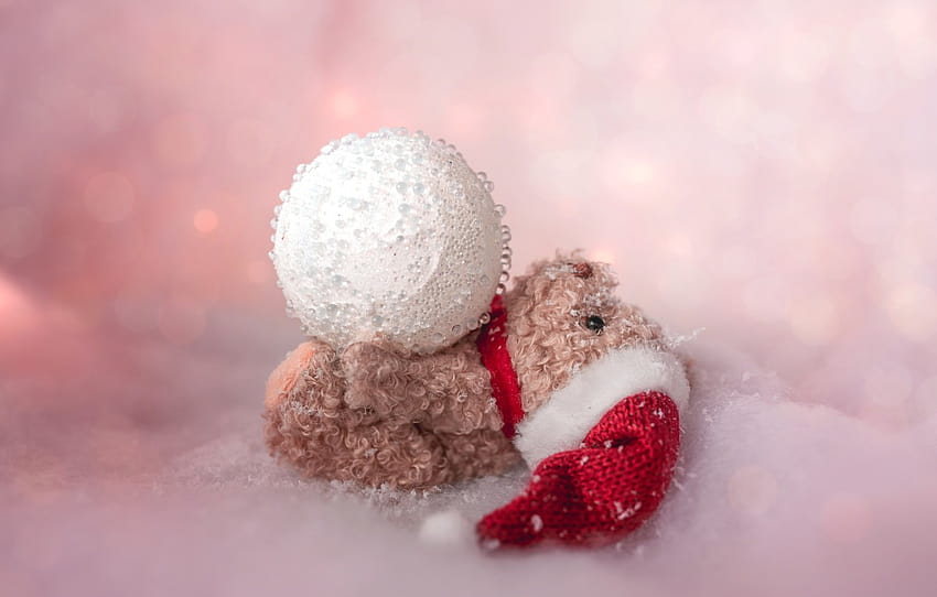 winter, snow, pose, holiday, toy, ball, bear, Christmas, bear, New year, lies, bear, pink background, Teddy, bokeh, soft , section новый год, christmas soft HD wallpaper