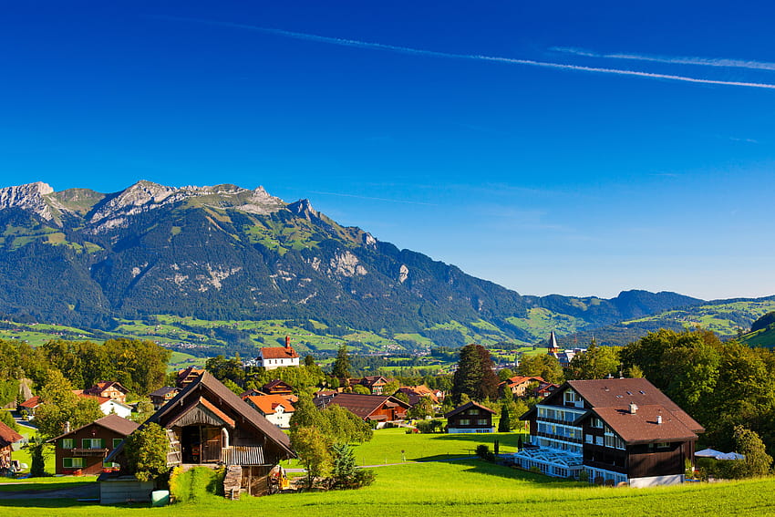 Swiss Alps, Mountains, Town, Switzerland, World HD wallpaper