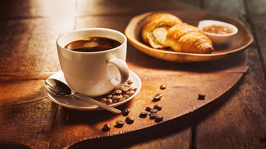 Kaffee und Croissant Ultra, Kaffeetasse HD-Hintergrundbild