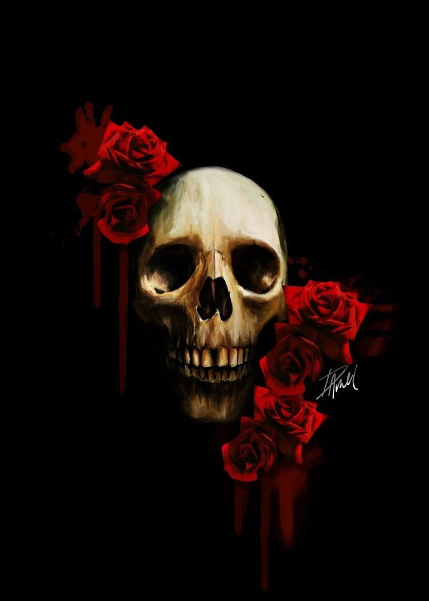 Black Skull with Rose on Dog, red skeletons HD phone wallpaper