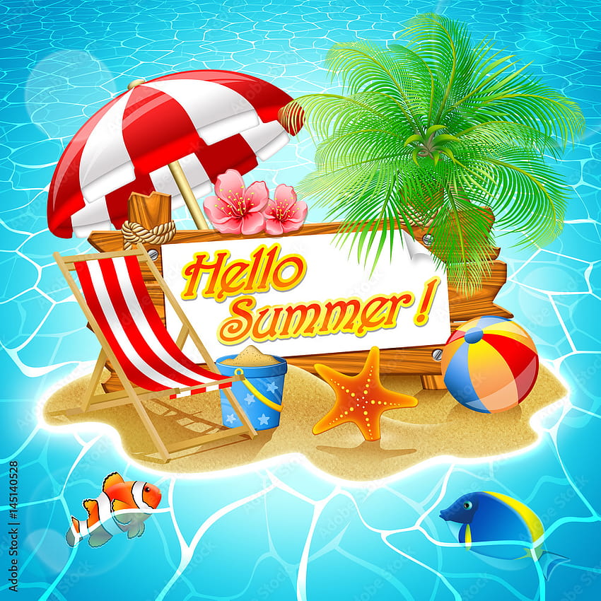 Frohe Sommerferien-Grußkarte. Korallenriff und eine tropische Insel mit einer Palme und einem Sonnenschirm. Stockillustration HD-Handy-Hintergrundbild