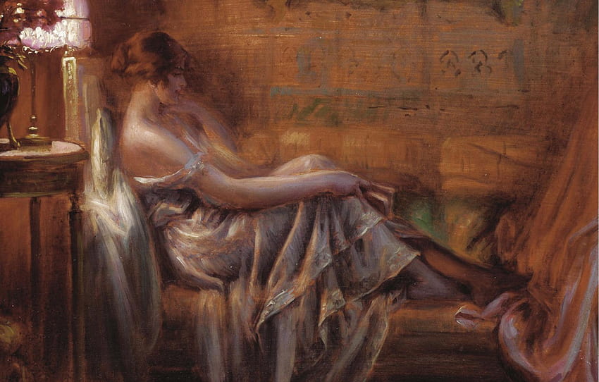 girl, brooding, Delphin Enjolras, Academism, In the light of the lamp , section живопись HD wallpaper
