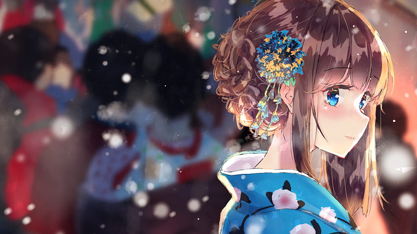 1920x1080 Anime Girl, cheveux bruns, kimono, neige, yeux bleus, vue de profil pour écran large, fille de dessin animé cheveux bruns Fond d'écran HD