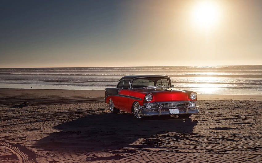Chevrolet Bel Air, 1956, red luxury coupe, retro cars, American vintage cars, car on the beach, ocean, sunset, Chevrolet with resolution 1920x1200. High Quality, retro car sunset HD wallpaper