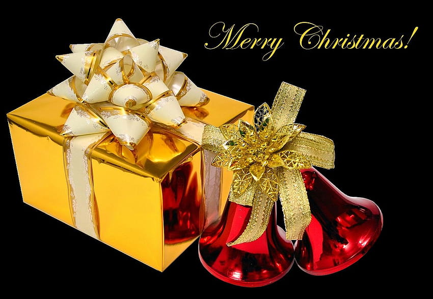 Golden gift box with Christmas bells, gold christmas gift HD wallpaper