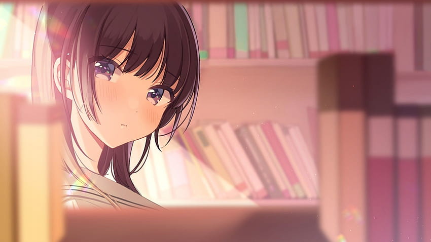 1920x1080 Anime-Mädchen, Bibliothek, braunes Haar, Bücher für Breit, Anime-Buch HD-Hintergrundbild