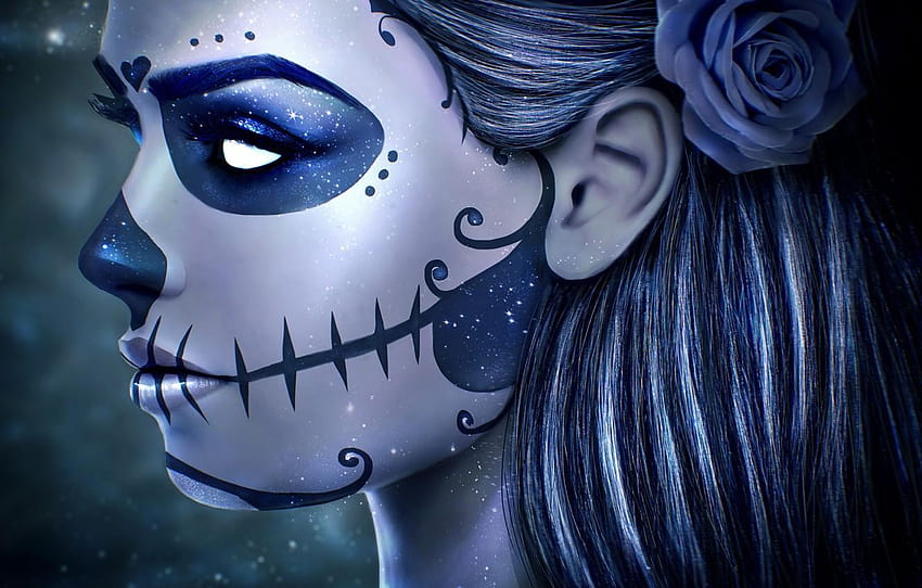 girl, face, rose, skull, makeup, art, day of the, dead skull HD wallpaper