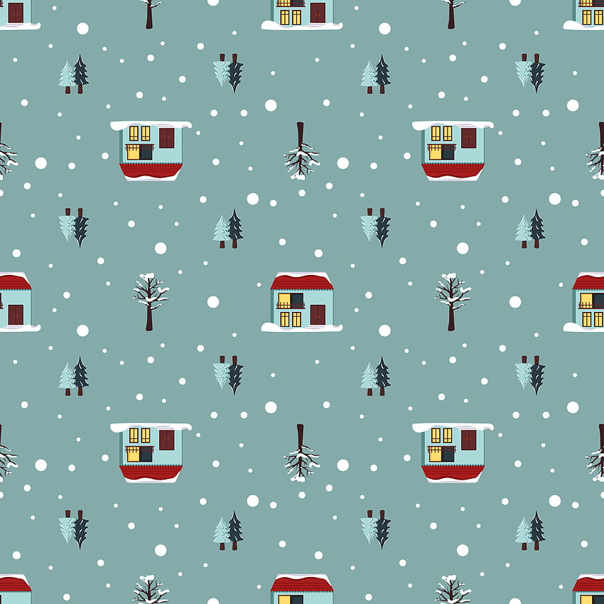 축제 크리스마스 하우스, 눈 속의 나무, 파란 배경에 눈송이가 있는 매끄러운 패턴입니다. 포장지, 섬유 및 디자인 3782577 벡터 아트에 대한 새해 및 겨울 휴가를 위한 밝은 인쇄, 작은 패턴 겨울 HD 전화 배경 화면