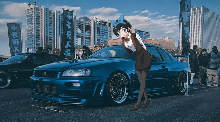 Anime girl witha jdm car , low angle from road , in japan on Craiyon