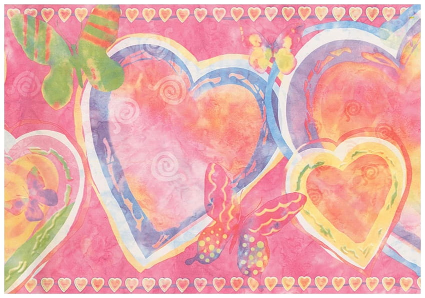 Bordüre in Blau, Lila, Gelb, Herz, Schmetterling, abstrakt, Pink, für Kinderzimmer, Badezimmer, Spielzimmer, Rolle 15' x 9', gelbe Herzen und Rosa HD-Hintergrundbild