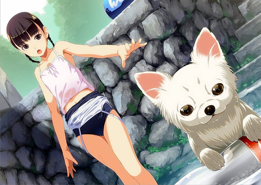 brunettes wet dogs brown eyes anime braids anime girls 1313x928, anime pets HD wallpaper