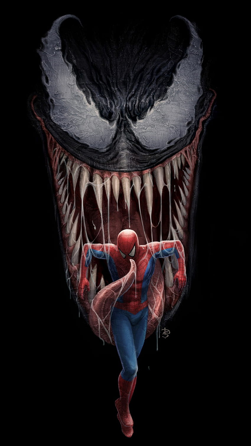 Spiderman Venom là một trong những kẻ thù nổi tiếng nhất của Siêu Nhân Người Nhện. Bạn có thể mang tác phẩm nghệ thuật này lên màn hình điện thoại của mình để truyền tải sức mạnh và liên kết sâu sắc giữa những nhân vật này. (Spiderman Venom is one of the most famous enemies of Spiderman. You can bring this artwork to your phone screen to convey the strength and deep connection between these characters.)