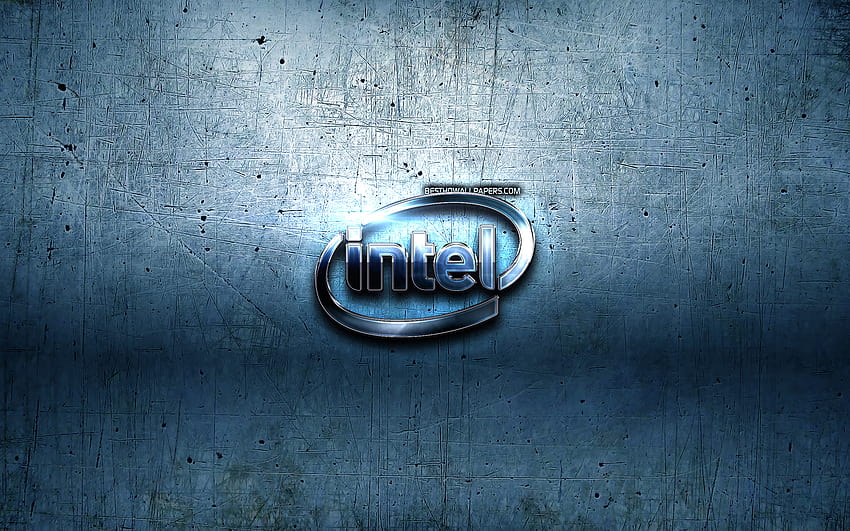 Logotipo da Intel, fundo de metal azul, arte grunge, Intel, marcas, criativo, logotipo Intel 3D, arte, logotipo azul da Intel com resolução 2560x1600. Alta qualidade, logotipo da papel de parede HD