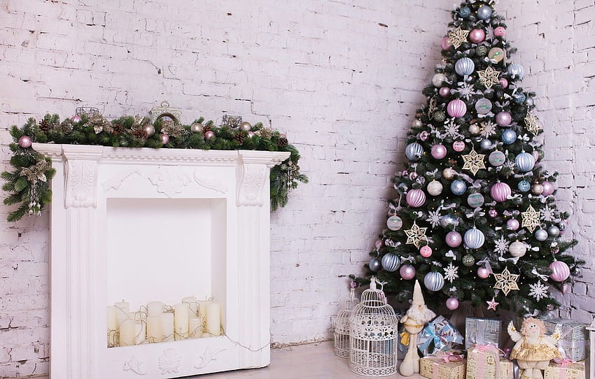 dekoracja, pokój, zabawki, drzewo, Nowy Rok, Boże Narodzenie, biały, Boże Narodzenie, projekt, drewno, niebieski, różowy, Wesołych Świąt, Boże Narodzenie, wnętrze, dom , sekcja новый год, różowe i szare święta Tapeta HD