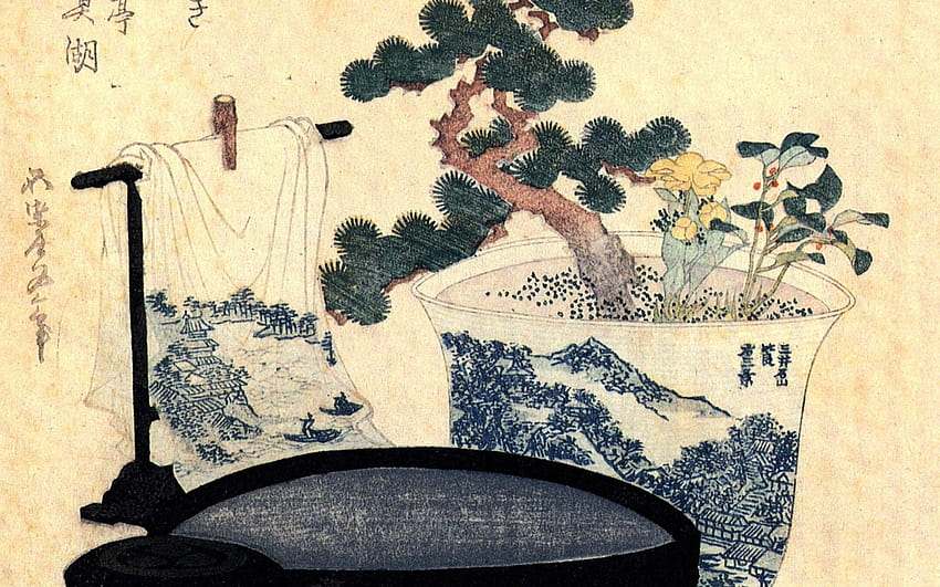 Katsushika Hokusai , อ่างล้างหน้าเคลือบเงาและ Ewer วอลล์เปเปอร์ HD