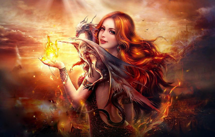 Fire, flame, girl, fantasy, digital, woman, art, beautiful, pretty ...