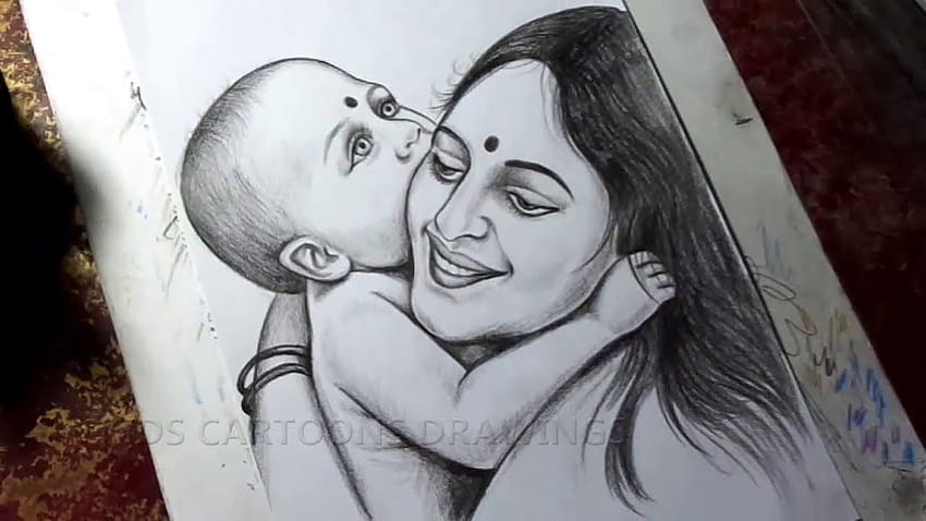 Amazing Pencil Sketch Of Mother And Baby - Desi Painters
