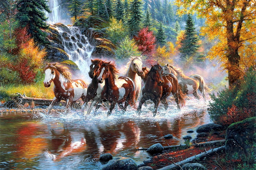 Horses The Horses Waterfall Forest Autumn River By, 7 horses HD wallpaper