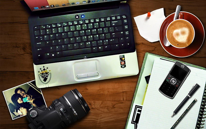 laptop, telefone, celular, câmera, café, reflexo papel de parede HD