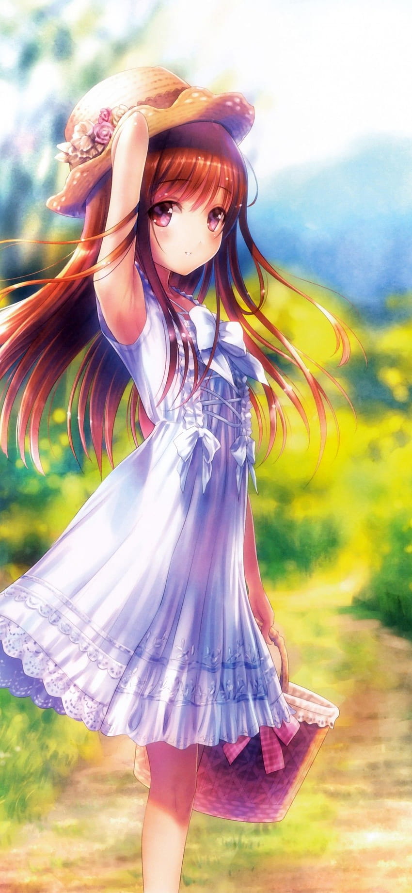 1125x2436 Anime-Mädchen, gelbe Blumen, weißes Kleid, Sommer, Strohhut, Korb für iPhone 11 Pro & X, Korb Sommer HD-Handy-Hintergrundbild