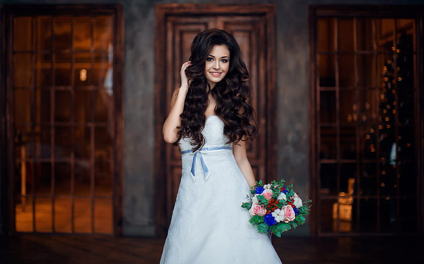 Woman female long hair beautiful girl bridal wedding dress smile, long wedding dresses HD wallpaper