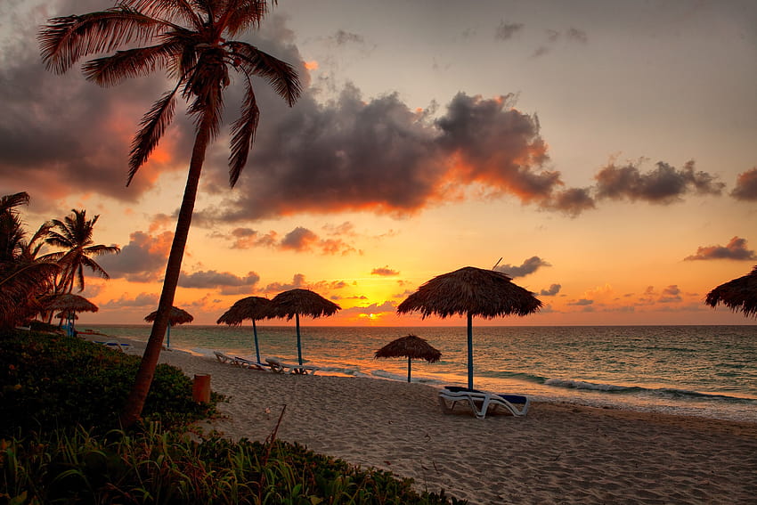 varadero, beach, sunset, cuba, clouds, vacations, palm HD wallpaper