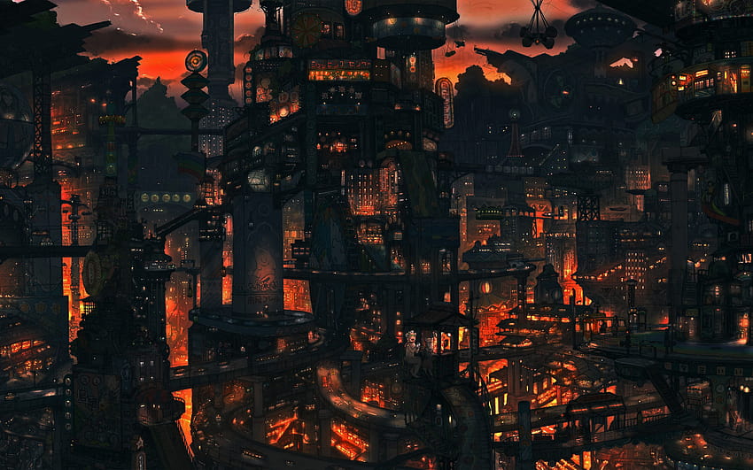 Hot Night City, steampunk city HD wallpaper