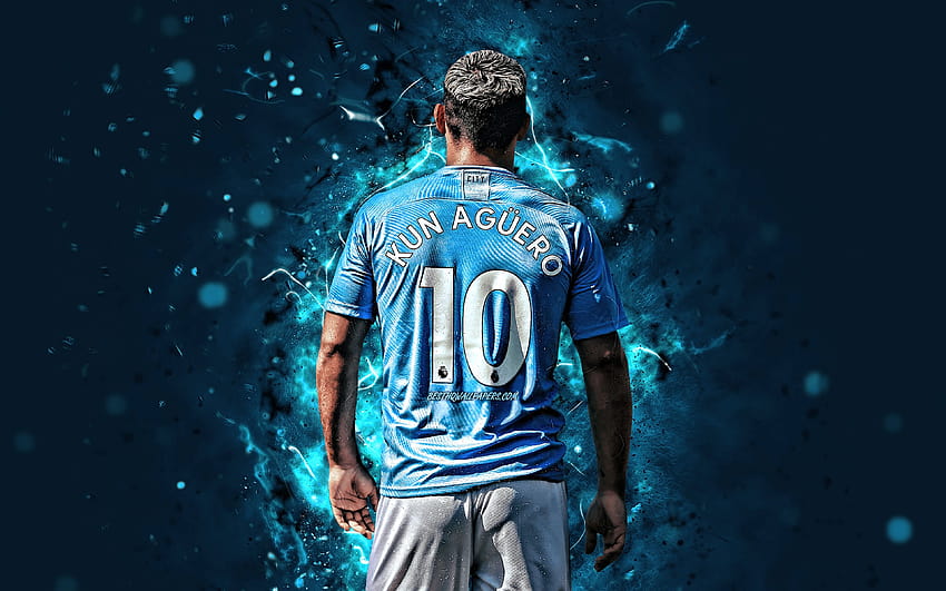 Sergio Aguero, argentyńscy piłkarze, widok z tyłu, Manchester City FC, neony, Sergio Leonel Aguero, piłka nożna, Kun Aguero, Premier League, piłka nożna, Man City z rozdzielczością 3840x2400. Wysoka jakość Tapeta HD