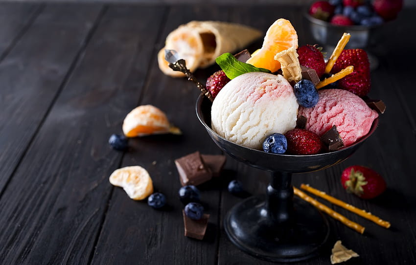 Beeren, Schokolade, Blaubeeren, Erdbeeren, Eis, Dessert, Mandarine, Abschnitt еда, Beeren und Sahne HD-Hintergrundbild