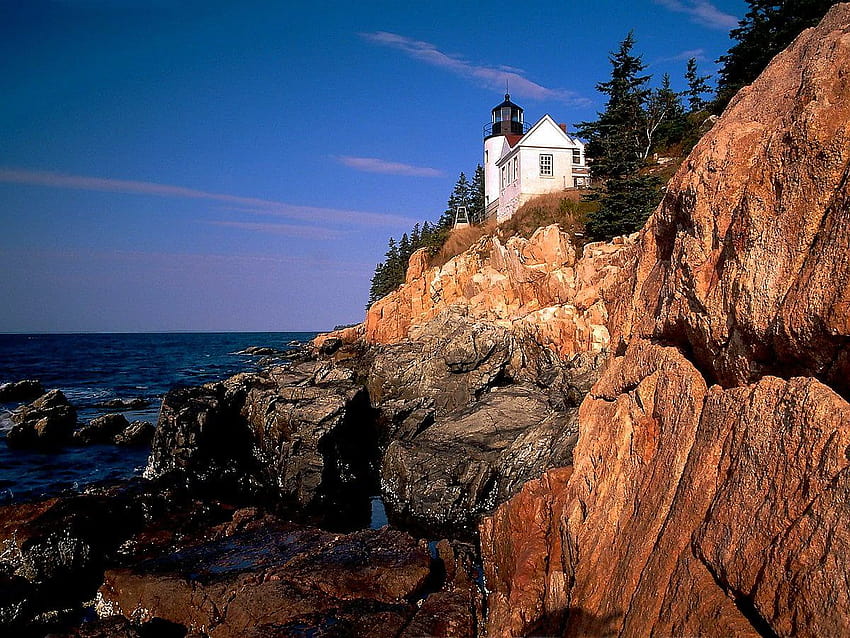 Phone Bass Harbor Head Lighthouse, Tremont, Lighthouse, rocky cliff lighthouse HD wallpaper