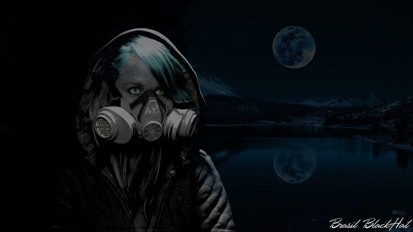 Girl mask gas war moon lake obscure anonymous dark woman danger HD wallpaper