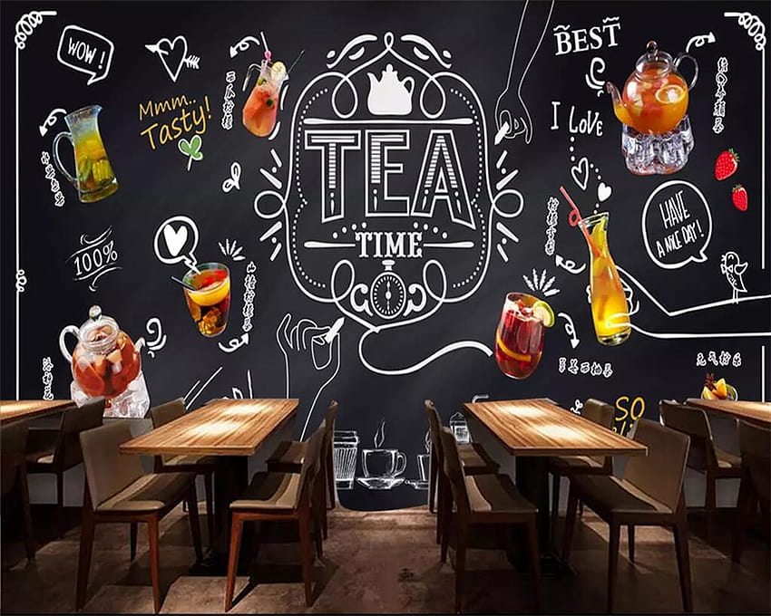 Beibehang จิตรกรรมฝาผนังมือวาดชอล์กกระดานดำชาผลไม้ Leisure Bar Tea Shop Cafe พื้นหลังจิตรกรรมฝาผนัง 3D วอลล์เปเปอร์ HD